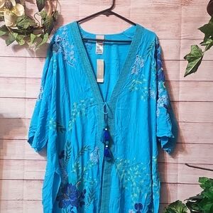 Chico's Special Edition Embroidered Duster/ Cover Up Ruana Turquoise Blue  S/M
